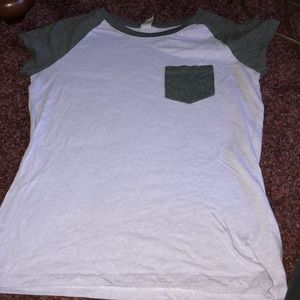 Pastel gray and purple short sleeve baseball tee